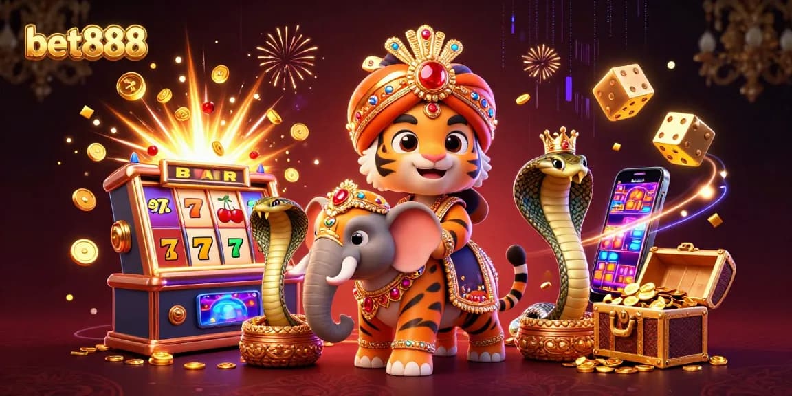 Experience the thrill of betting with bet888 in a vibrant casino illustration bursting with excitement and energy.