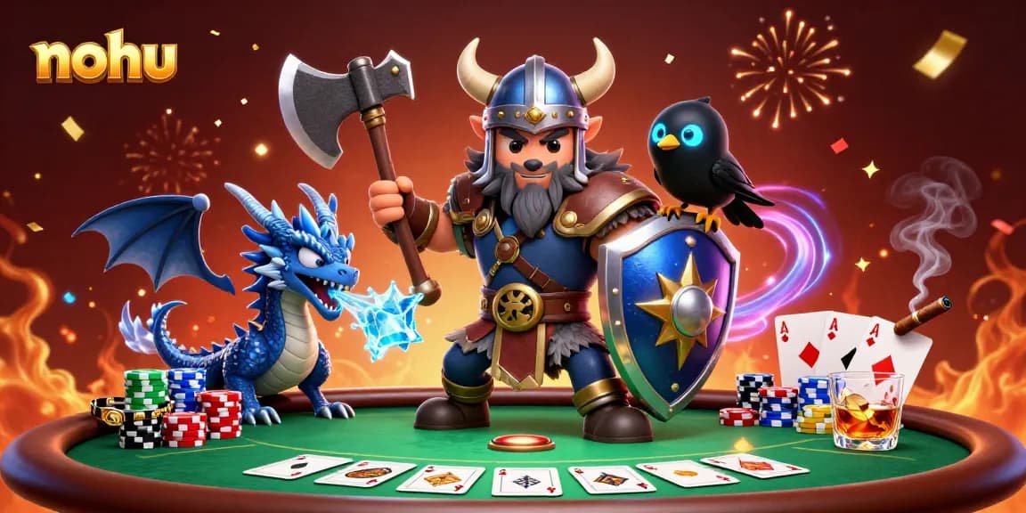 Experience the thrill with nohu-themed 3D illustration of Viking, dragon, and poker elements.