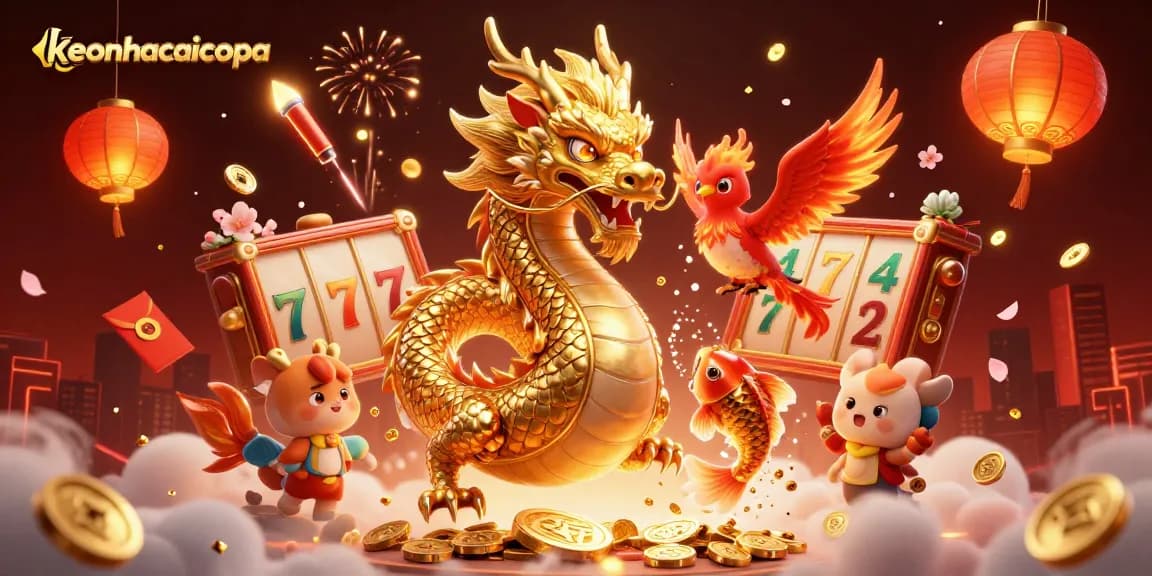 Experience thrilling gaming action with keonhacaicopa's vibrant dragon, phoenix, and koi fish illustration, showcasing casino excitement.
