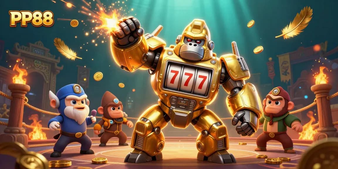 Experience thrilling action with PP88's exciting gaming atmosphere and vibrant characters in this 3D illustration.