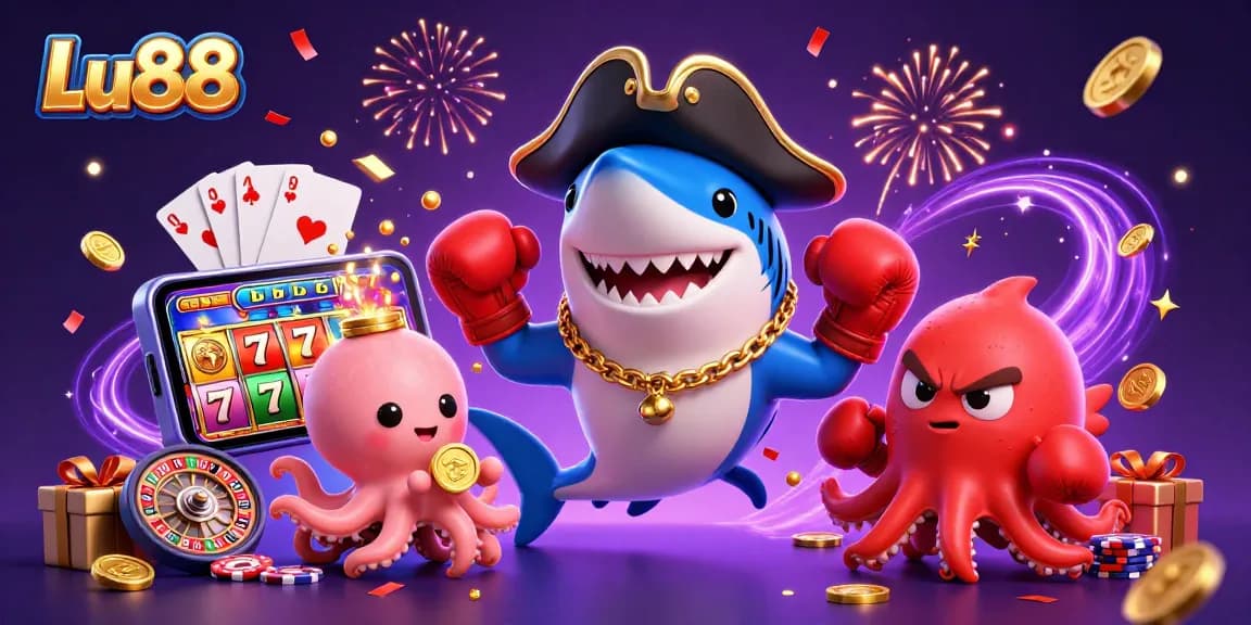 Win big with Lu88 as a shark pirate and friends celebrate in a vibrant casino scene.
