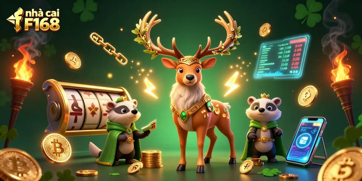 Engage in thrilling slot games at nhà cái F168 with a vibrant 3D illustration of Celtic symbols and crypto elements.