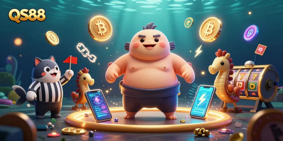 Experience the vibrant games at QS88 with a lively underwater casino scene featuring engaging characters and dynamic elements.