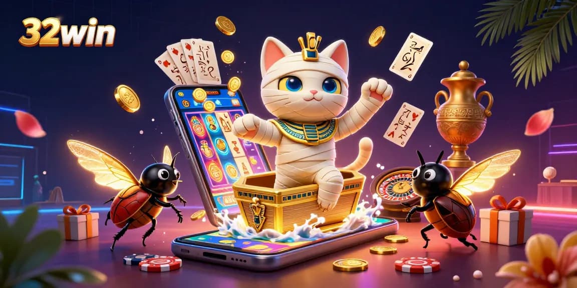 Experience thrilling casino gaming action with 32win's vibrant mummy cat illustration, showcasing dynamic slot games.