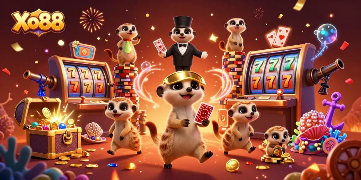 Xo88 showcases a vibrant casino scene with meerkats at their gaming tables, embodying excitement and joy.