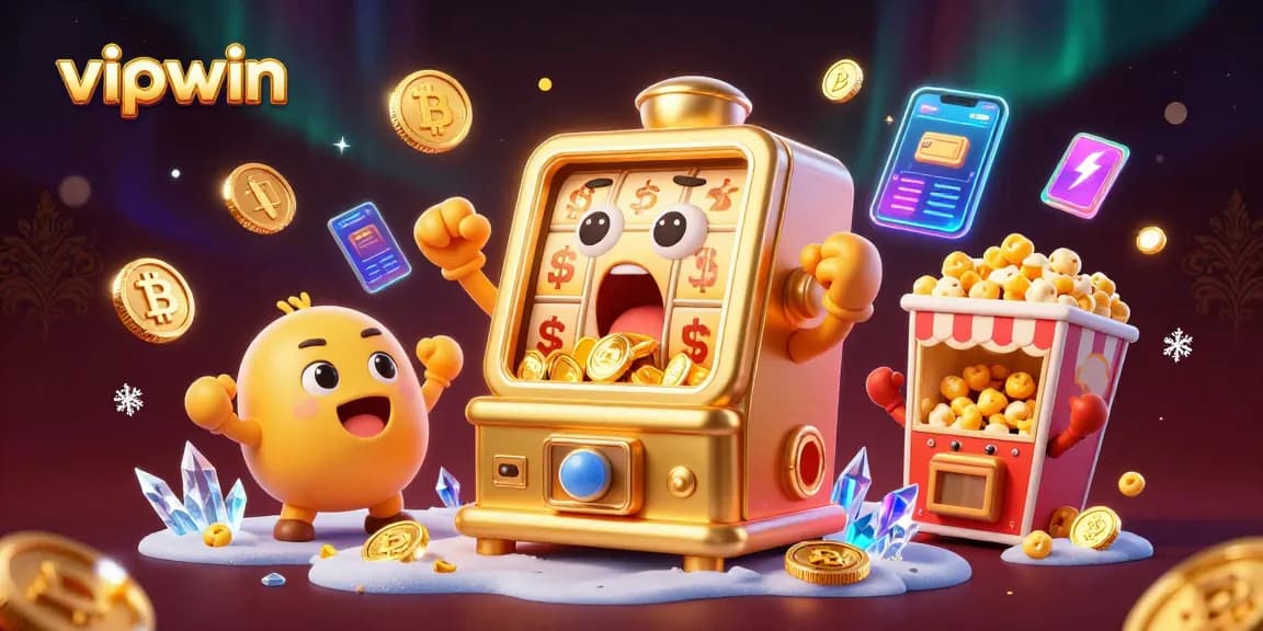 Experience the excitement of vipwin with a lively scene depicting slot machines and coins overflowing.