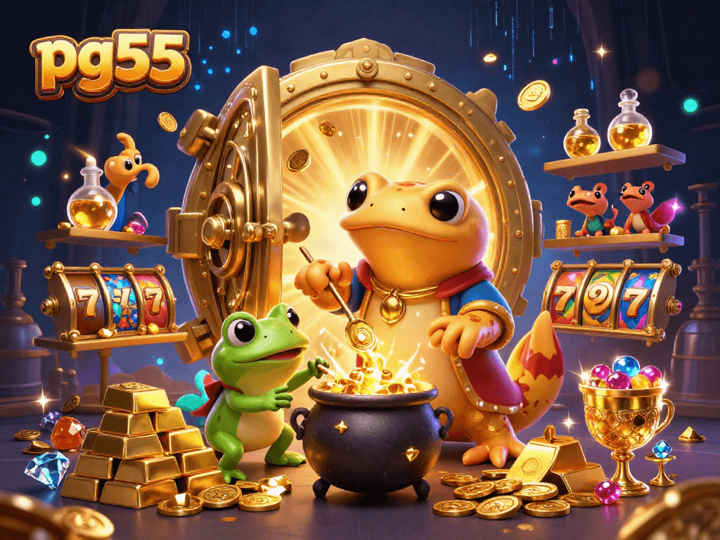 Experience the magic of pg55 as the golden salamander transforms metals into coins amidst vibrant casino action.