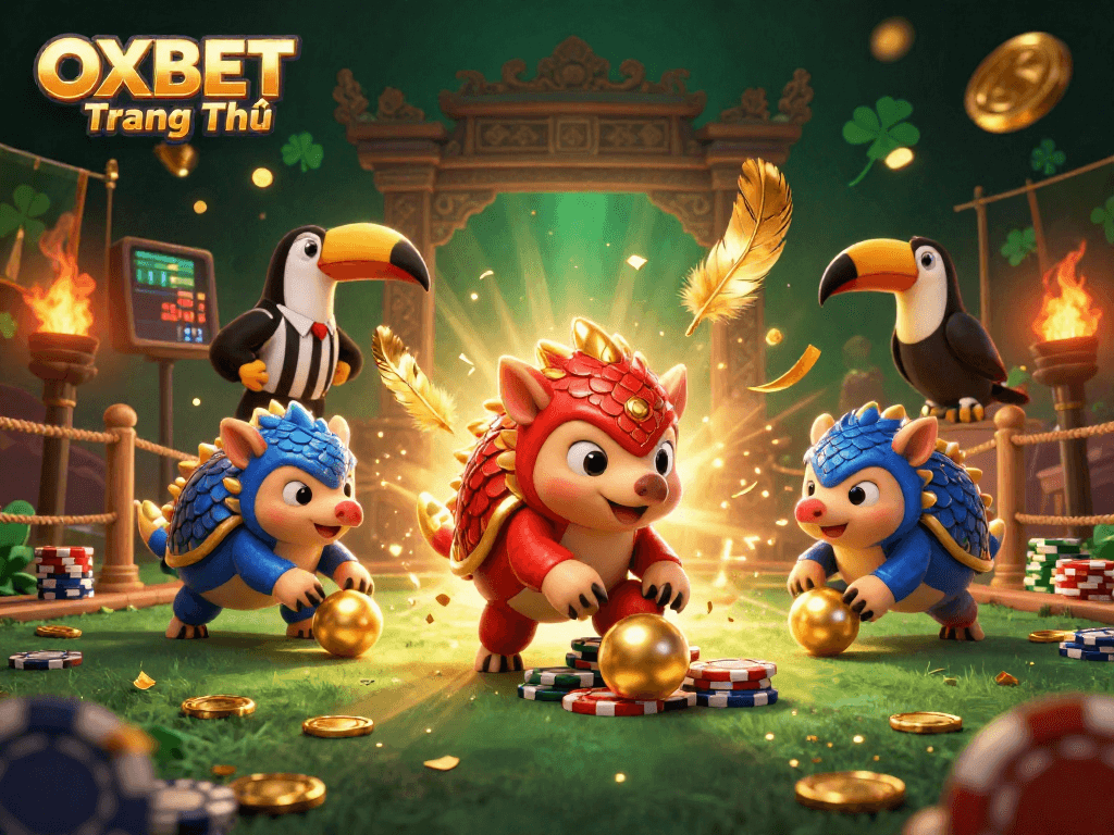 Engage with OXBET Trang Chủ as rival pangolins playfully battle in a vibrant casino-themed scene.