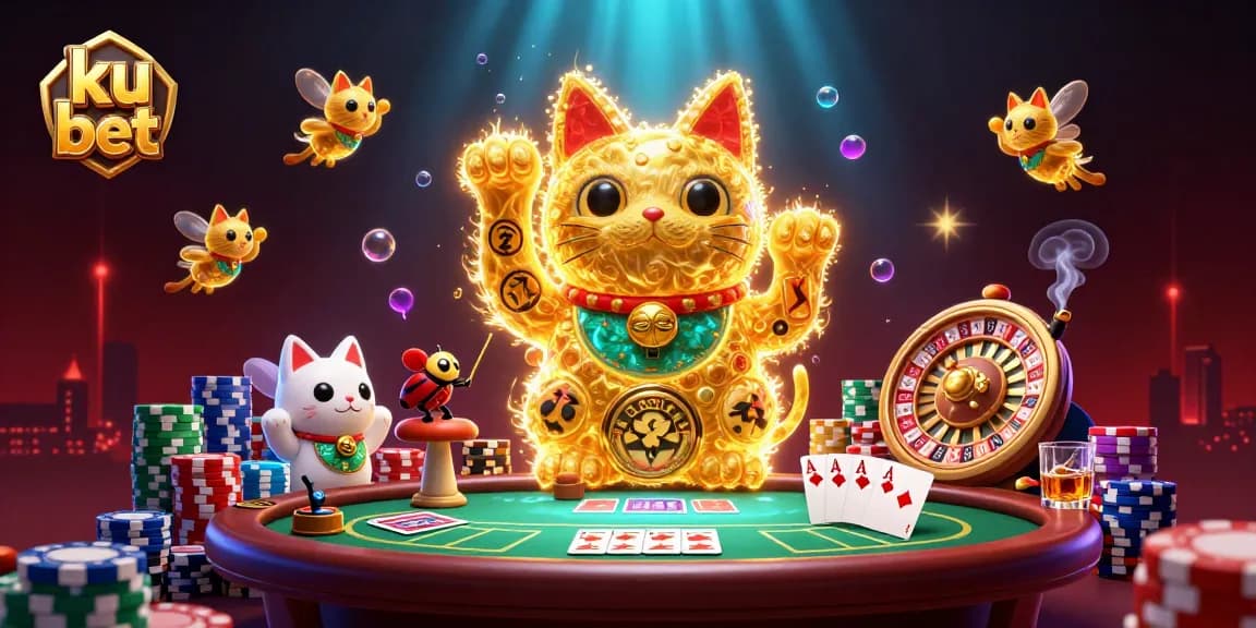 Experience the thrill of ku bet with a vibrant 3D digital illustration showcasing a lucky cat and casino symbols.