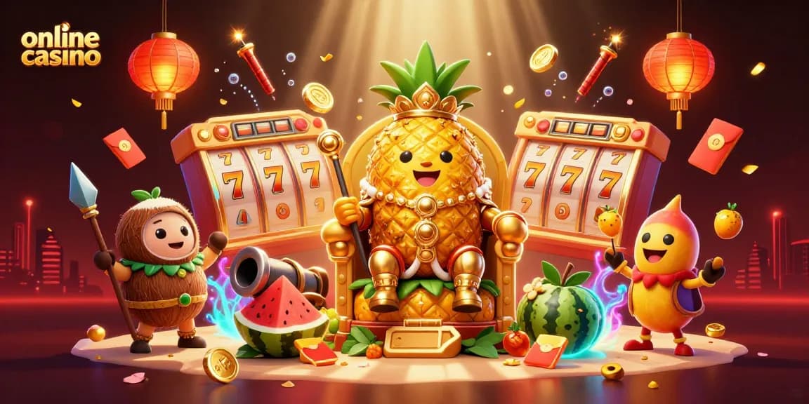 Engage in fun with the online casino scene featuring a golden pineapple king and slot reels.