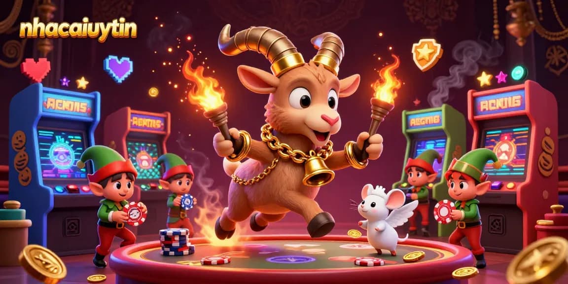 Play exciting games at nhacaiuytin casino, featuring a festive 3D Krampus goat with poker chips and colorful game elements.