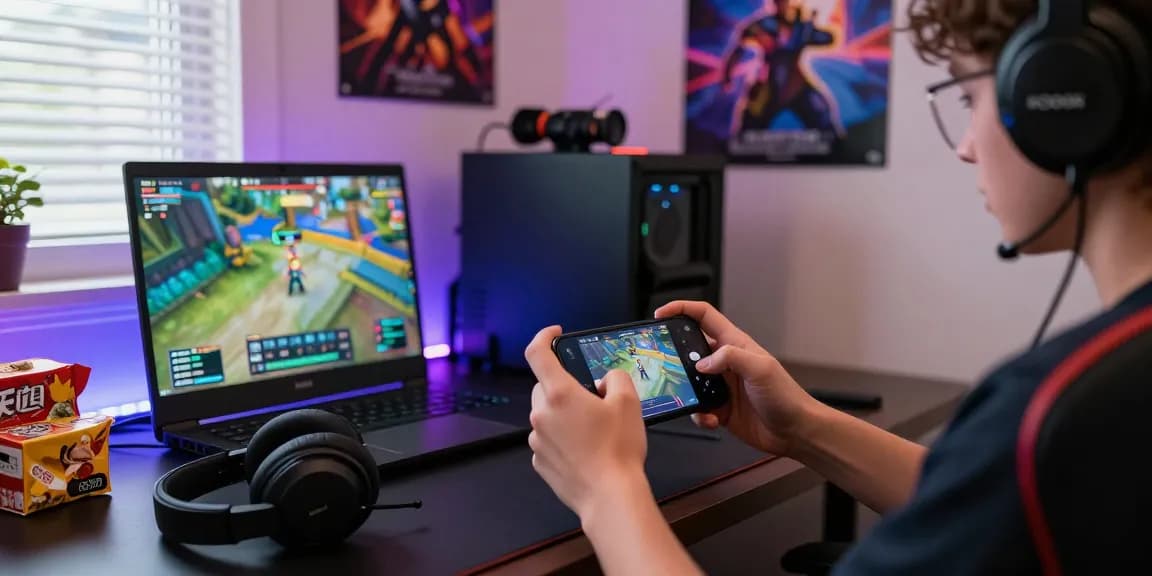 Exciting gaming scene with person playing KO66 on smartphone, enhanced by vibrant accessories and cozy atmosphere.