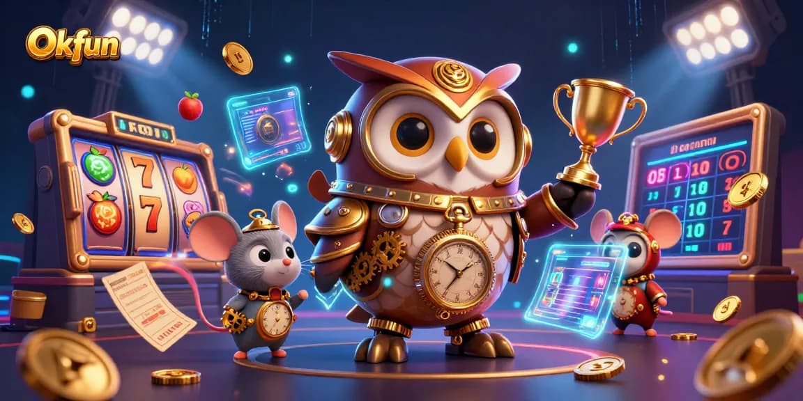 Win big at Okfun with exciting slots in a vibrant 3D casino illustration.