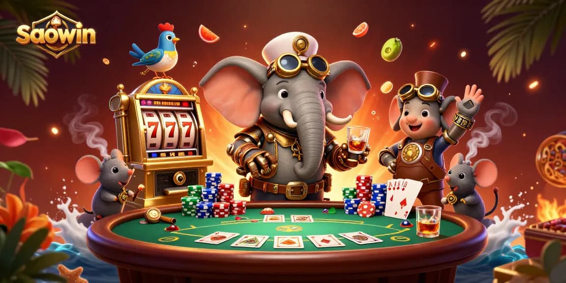 Spin the reels at saowin with a steampunk elephant and friends in a vibrant casino scene.