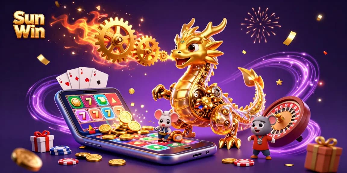 Engage in thrilling games at Sun Win with a rich 3D illustration showing golden dragon and game elements.