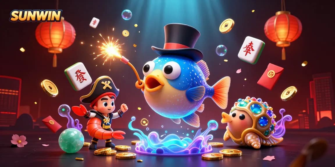 SUNWIN attracts gamers with vibrant, dynamic 3D casino illustration featuring an anglerfish and treasures.