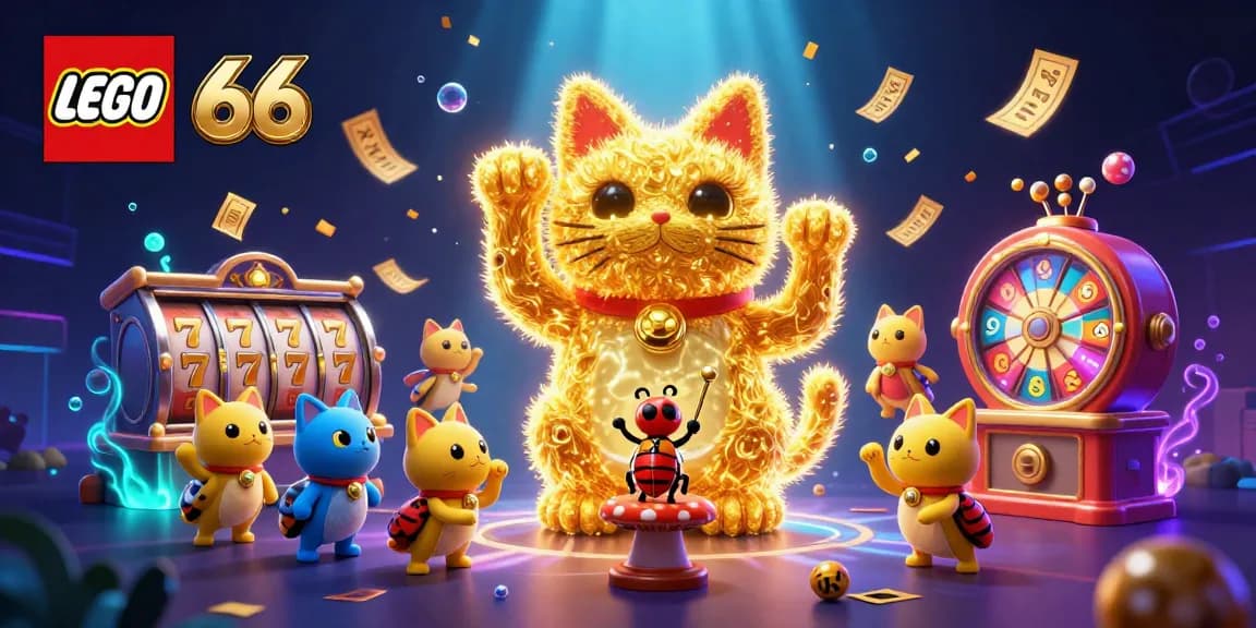 Lego66 showcases a vibrant 3D casino scene with a lucky cat, fireflies, and dynamic slot game elements.