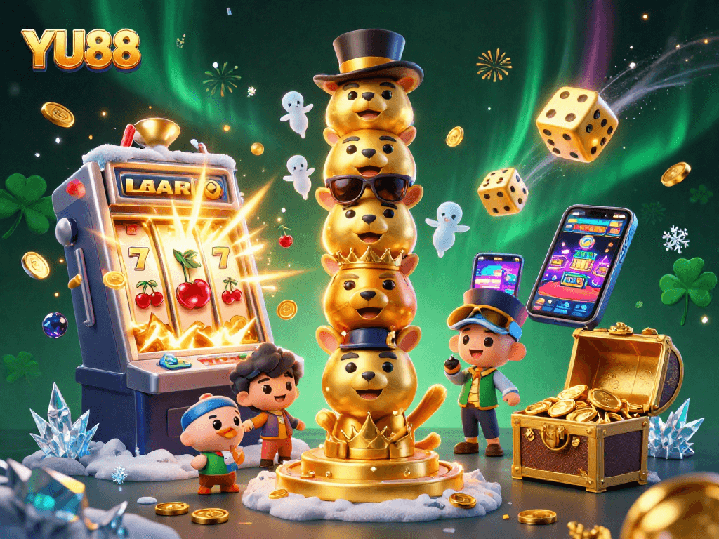 Experience the vibrant energy of casino gaming with YU88's dynamic illustration featuring jackpots and playful totem elements.