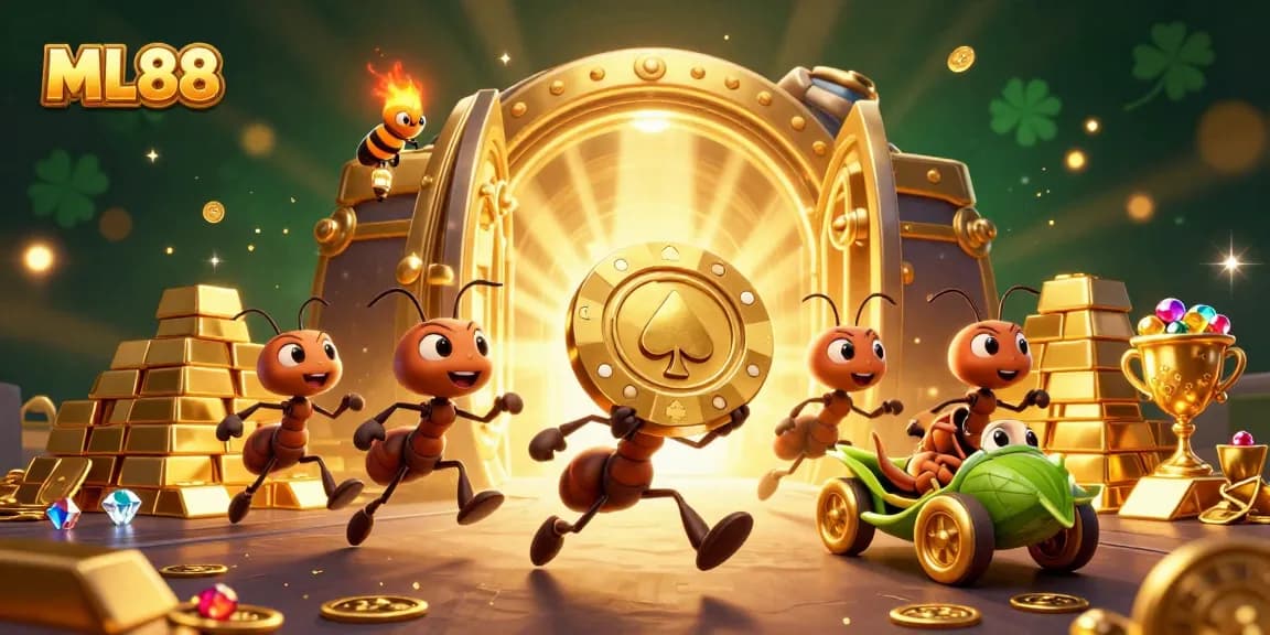 Experience the thrill of ML88 with a heist scene of ants and treasure in an online casino setting.
