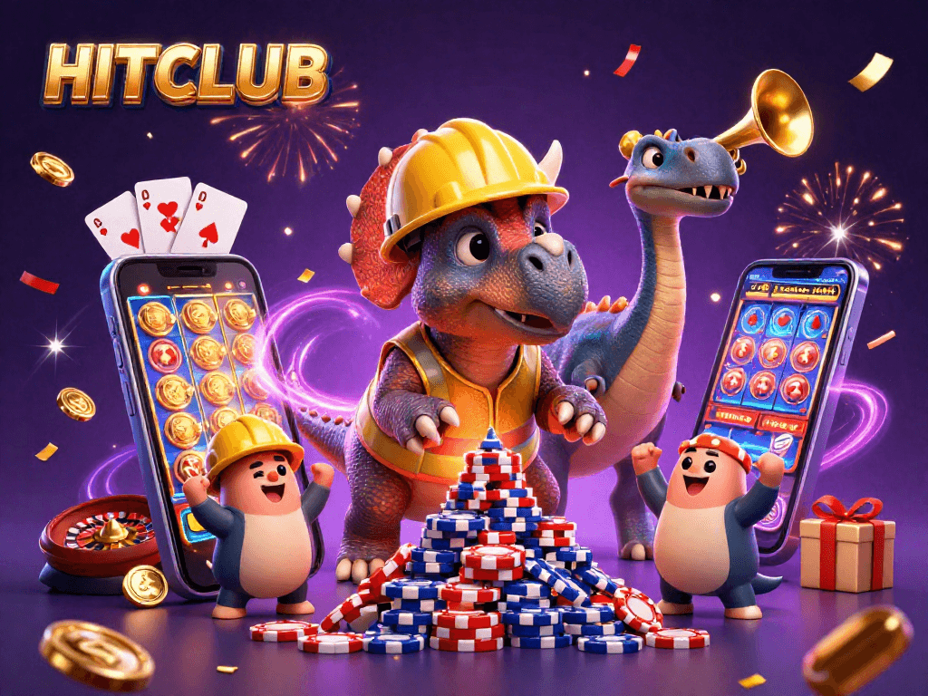 Experience HITCLUB's exhilarating gaming scene with playful dinosaurs and dynamic casino elements.