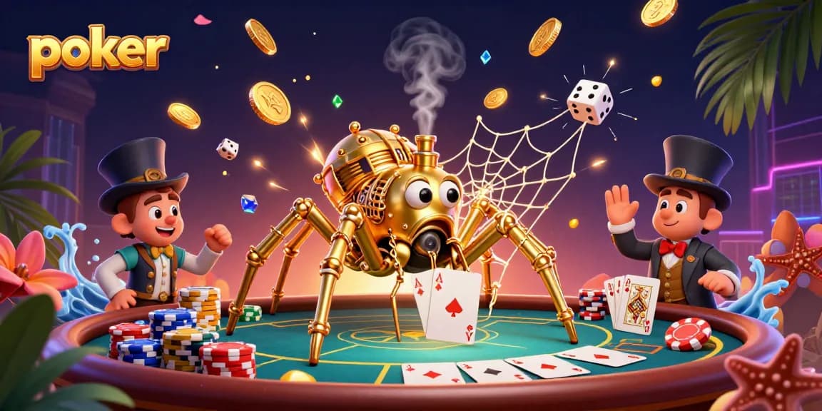 Poker scene with a golden spider web, poker chips, and a fly gentleman, capturing the thrill of gambling.