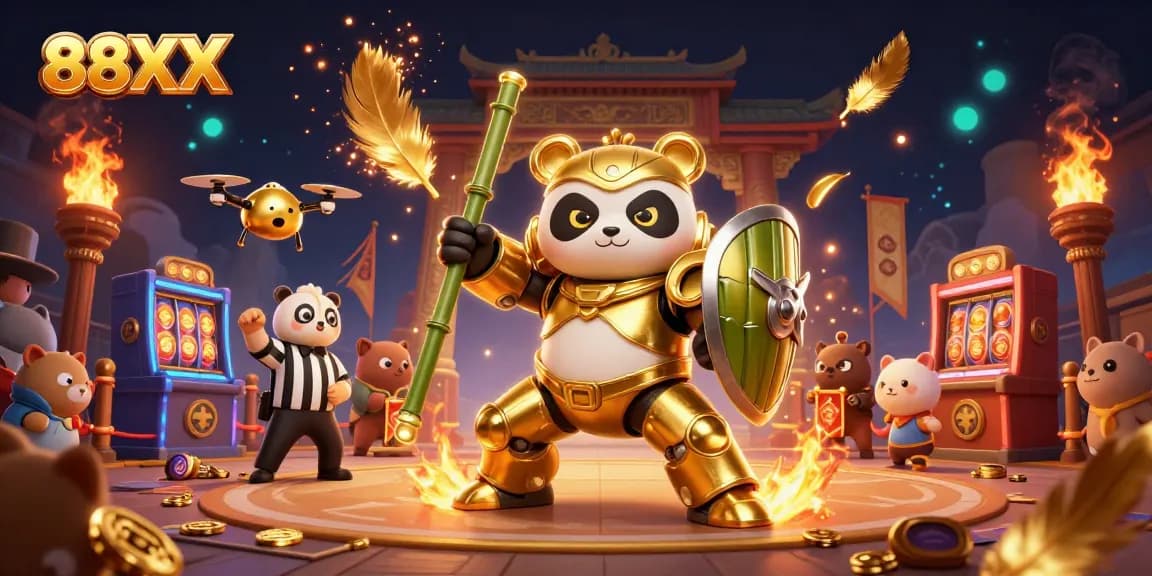 Engage in dynamic play at 88XX with the golden panda robot amid a vibrant casino atmosphere.