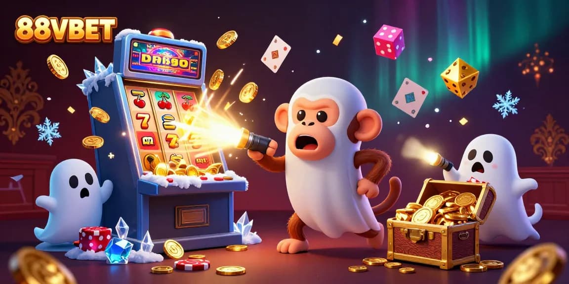 Experience the thrills of 88VBET with a playful poltergeist monkey in a haunted casino scene.