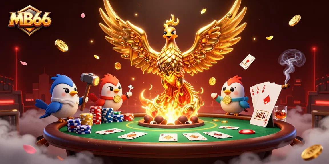 Play exciting poker at MB66 featuring a molten gold phoenix, vibrant poker elements, and energy.
