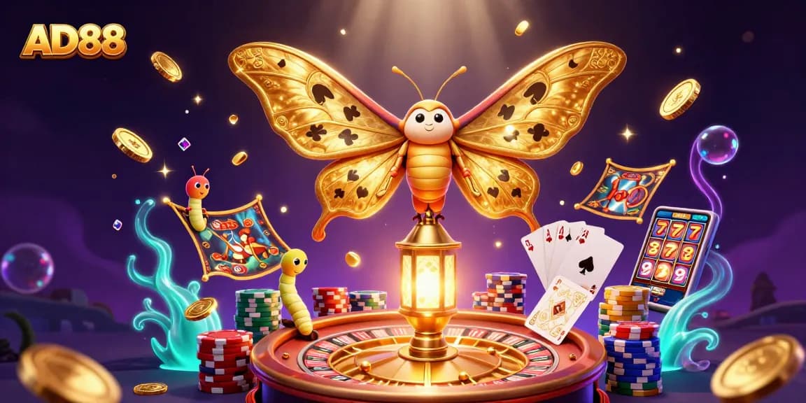AD88 showcases vibrant casino elements with a detailed moth and golden lantern in 3D