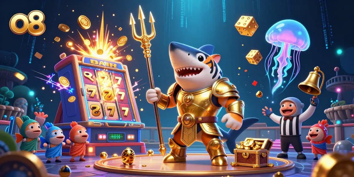 Experience thrilling jackpots at o8 with a dynamic scene showcasing a tiger shark in a colosseum.