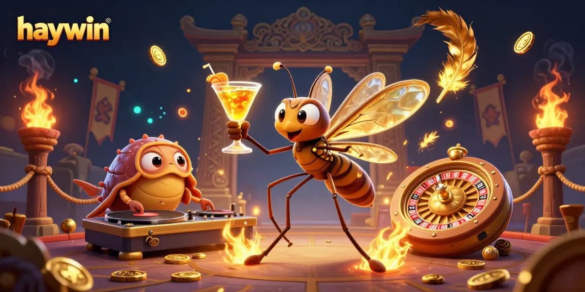 Experience thrilling gaming moments with haywin’s lively casino mascot in a vibrant digital art scene.