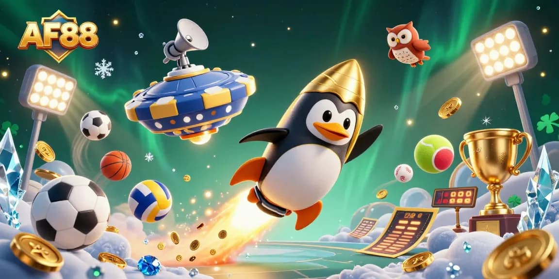 Experience the thrill of AF88's casino adventure with a golden penguin racing through space.