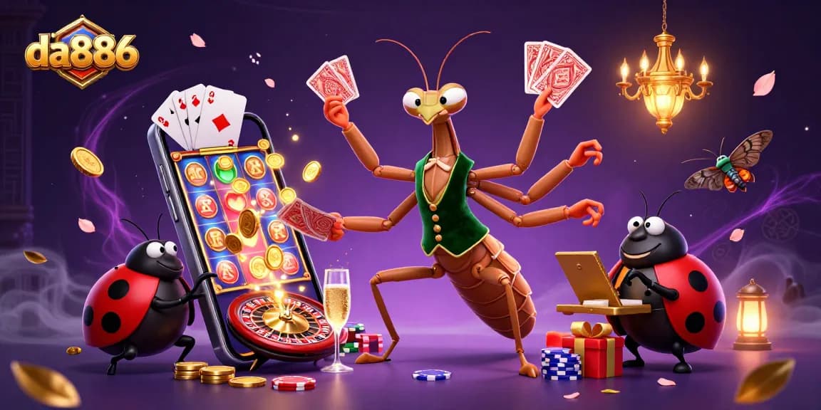 Experience da886 in action as a cartoon mantis and ladybug bring lively casino energy with cards and games.