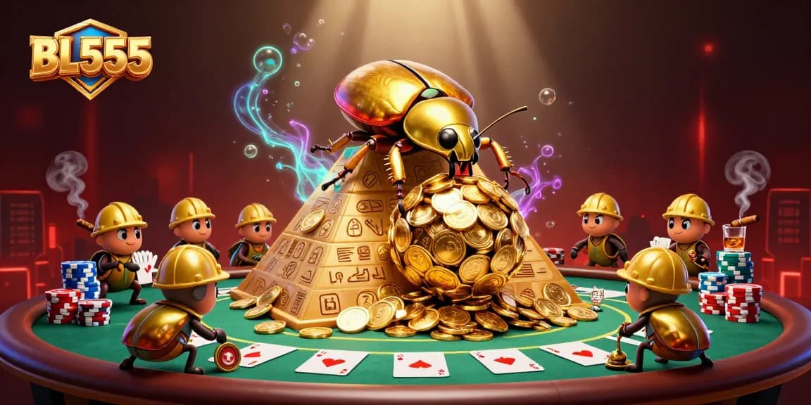 Experience thrilling gaming at BL555 with golden beetles rolling coin balls in a vibrant casino