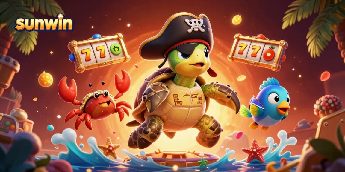 Experience sunwin's thrilling slot adventures with a pirate turtle and friends revealing hidden treasures!