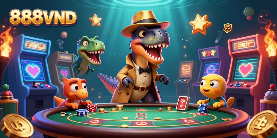 Engage in thrilling gameplay at 888VND with a whimsical scene featuring dynamic casino characters amidst vibrant gaming elements.