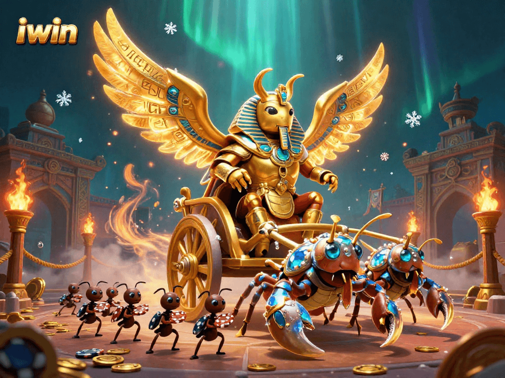 Join the excitement with iwin as the golden scarab battles in a vibrant casino arena.