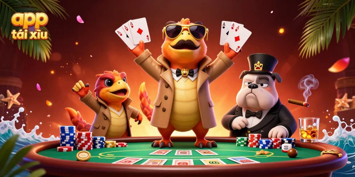 Play app tài xỉu with 3D cartoon characters entering a VIP casino lounge full of poker elements.