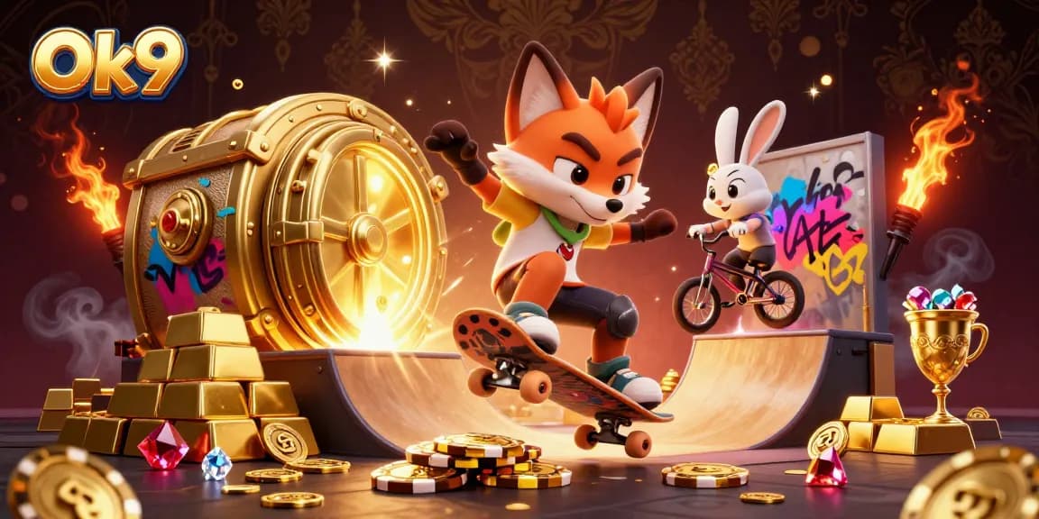 Engage with Ok9 as a fox performs tricks over golden poker chips, surrounded by casino treasures.