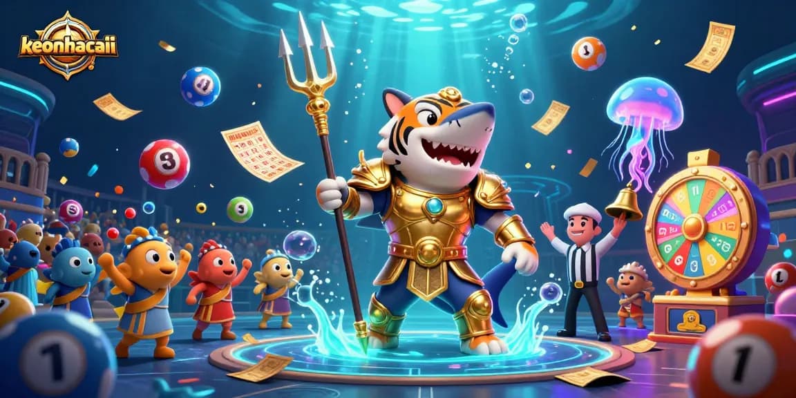Engage with keonhacaii as a fierce shark warrior in a colorful lottery-themed underwater world.