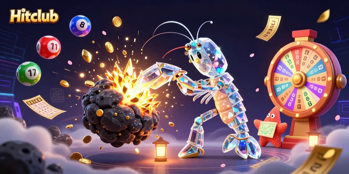 Hitclub features vibrant lottery balls launching exciting wins in this dynamic casino illustration.