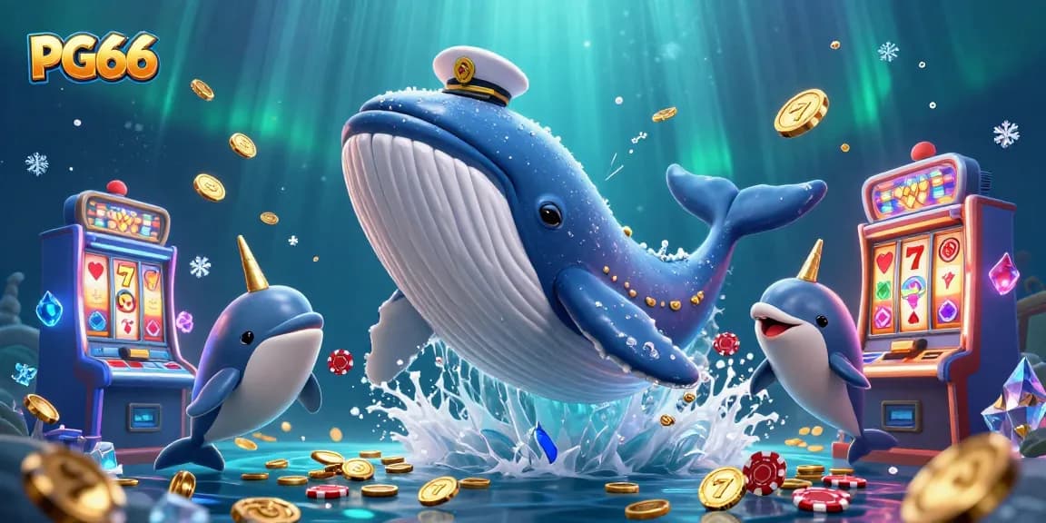 Experience PG66's thrilling casino adventures with vibrant whales and playful dolphins amidst gold coins and slot machines.