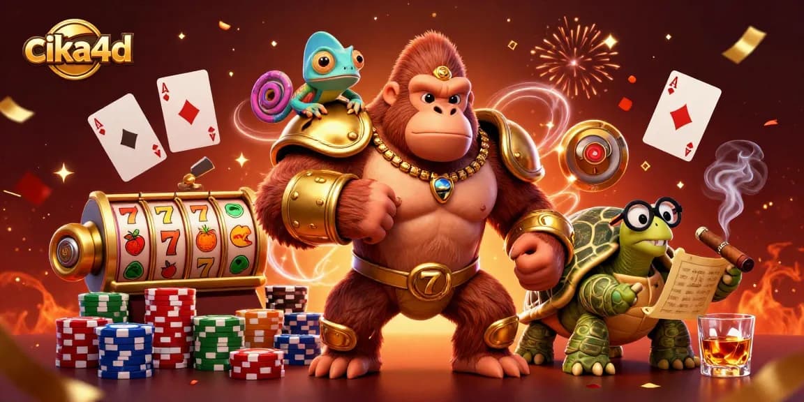 Cika4d illustrates a vibrant casino scene with a powerful gorilla, chameleon, and tortoise amidst dynamic gaming elements.