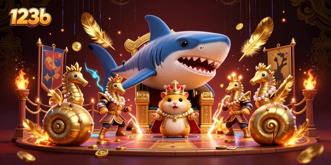 Experience thrilling 123b casino action with a golden hamster king and royal guards in this vibrant illustration.