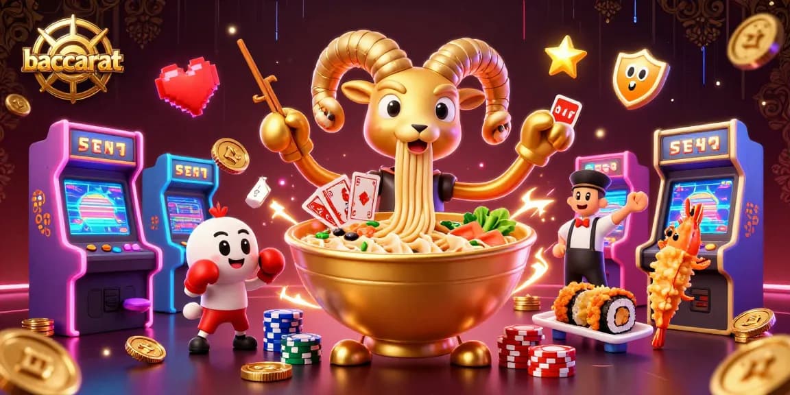 Baccarat game scene with a giant ramen bowl dealer, cards, and chips creating vibrant casino energy.