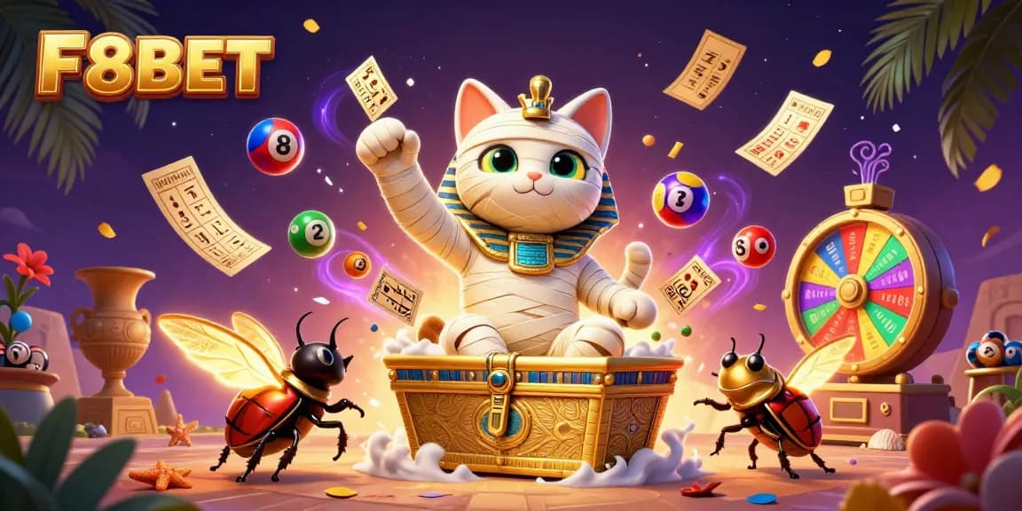 F8BET showcases a colorful, dynamic casino experience with a mummy cat and lottery elements.