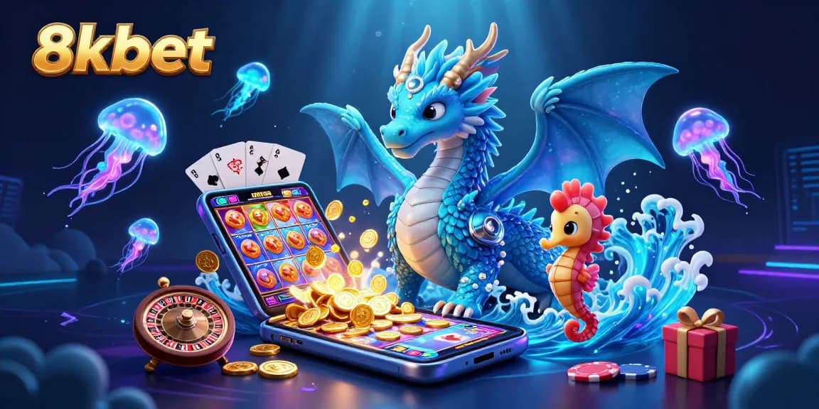 Engage with 8xbet's vibrant gaming world featuring a dragon, knight, and jellyfish.