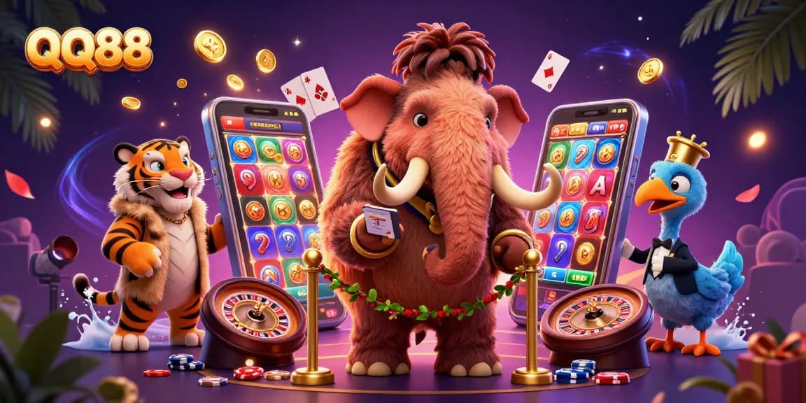 Engage in thrilling slot action at QQ88 with a vibrant casino scene featuring unique characters.
