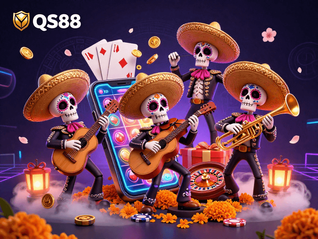 Celebrate casino fun at QS88 with colorful Dia de los Muertos mariachi band and exciting slot game action