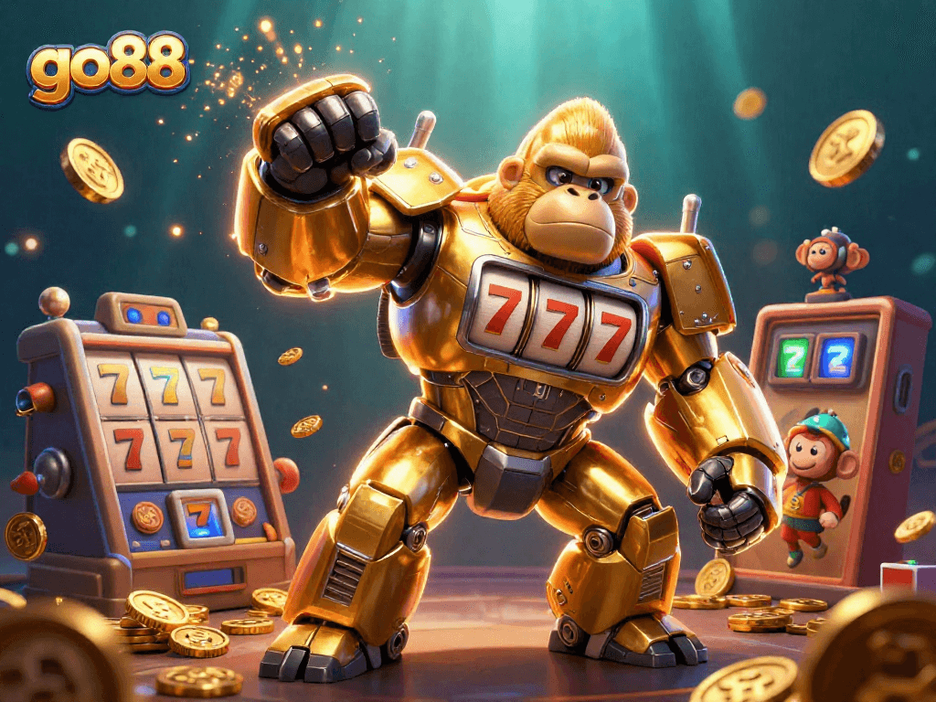 Experience the excitement of go88 with a dynamic 3D illustration of gaming elements and a golden mech.